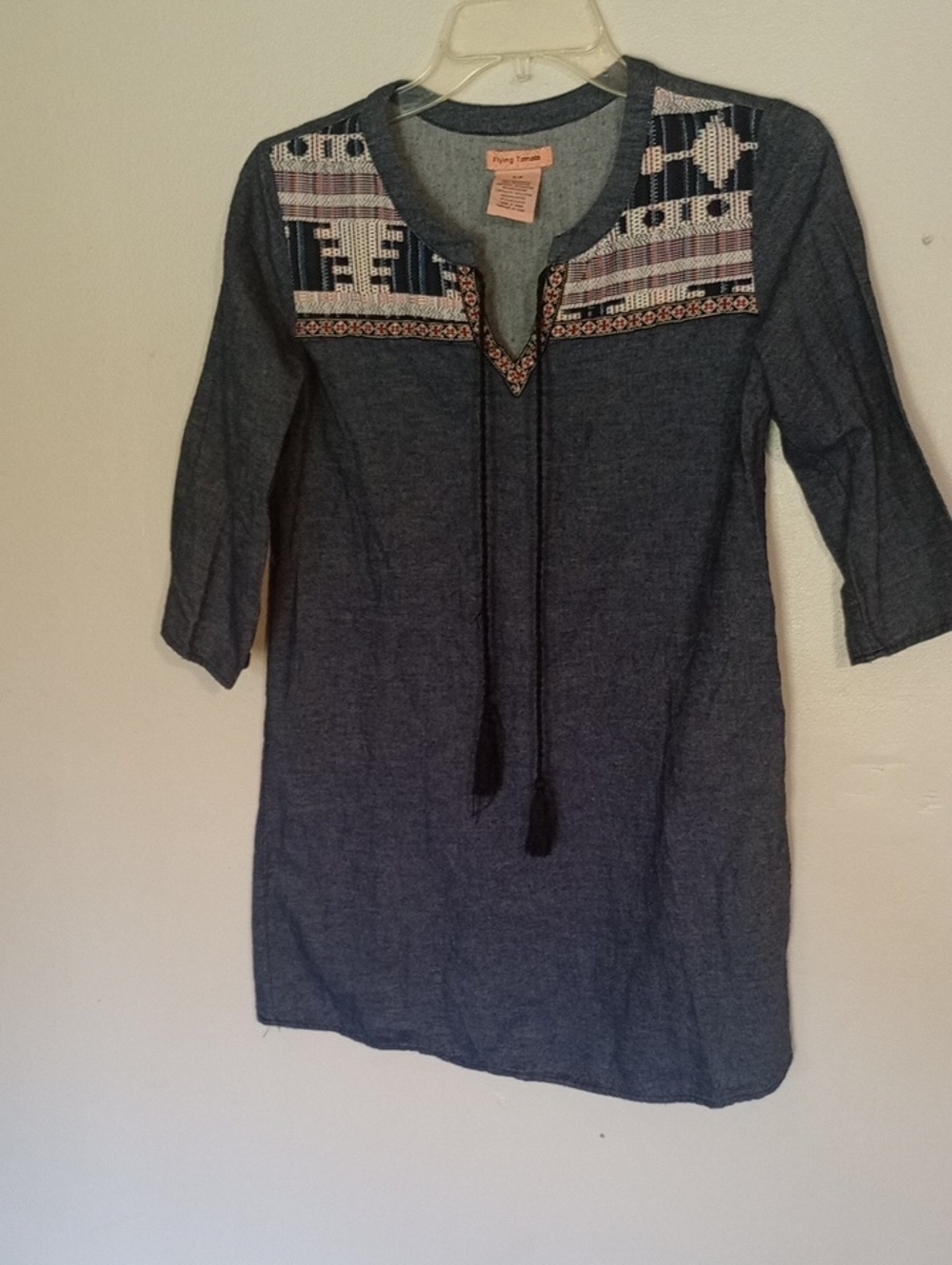 Flying Tomato Navy Dark Wash Denim Embroidered Midi Tunic Top/ Dress Boho